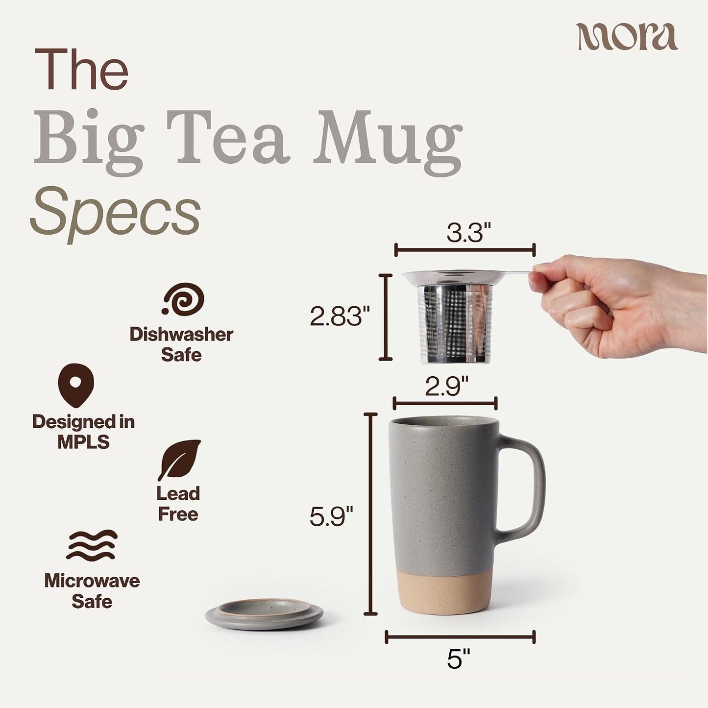 Mora Ceramics Large Tea Mug with Loose Leaf Infuser and Ceramic Lid, 18 oz, Portable, Microwave and Dishwasher Safe, Tall Coffee Cup - Rustic Matte Ceramic Glaze, Modern Herbal Tea Strainer, Olive