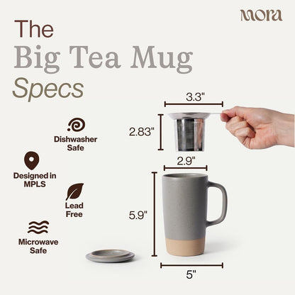 Mora Ceramics Large Tea Mug with Loose Leaf Infuser and Ceramic Lid, 18 oz, Portable, Microwave and Dishwasher Safe, Tall Coffee Cup - Rustic Matte Ceramic Glaze, Modern Herbal Tea Strainer, Olive