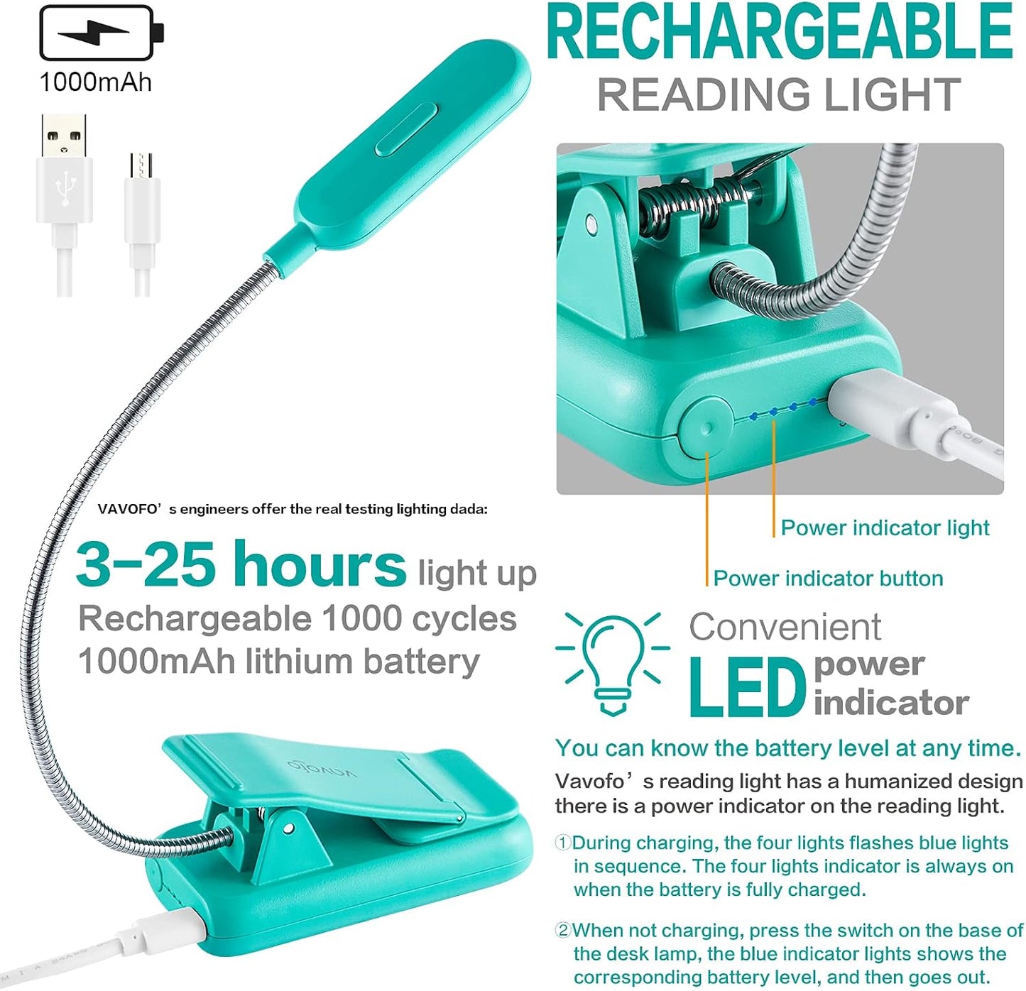VAVOFO Clip On Book Light for Bed Kids, 7 LED Reading Light with 9-Level Warm Cool White Daylight, Eye Care Lamp with Power Indicator for Bookworms (Blue)