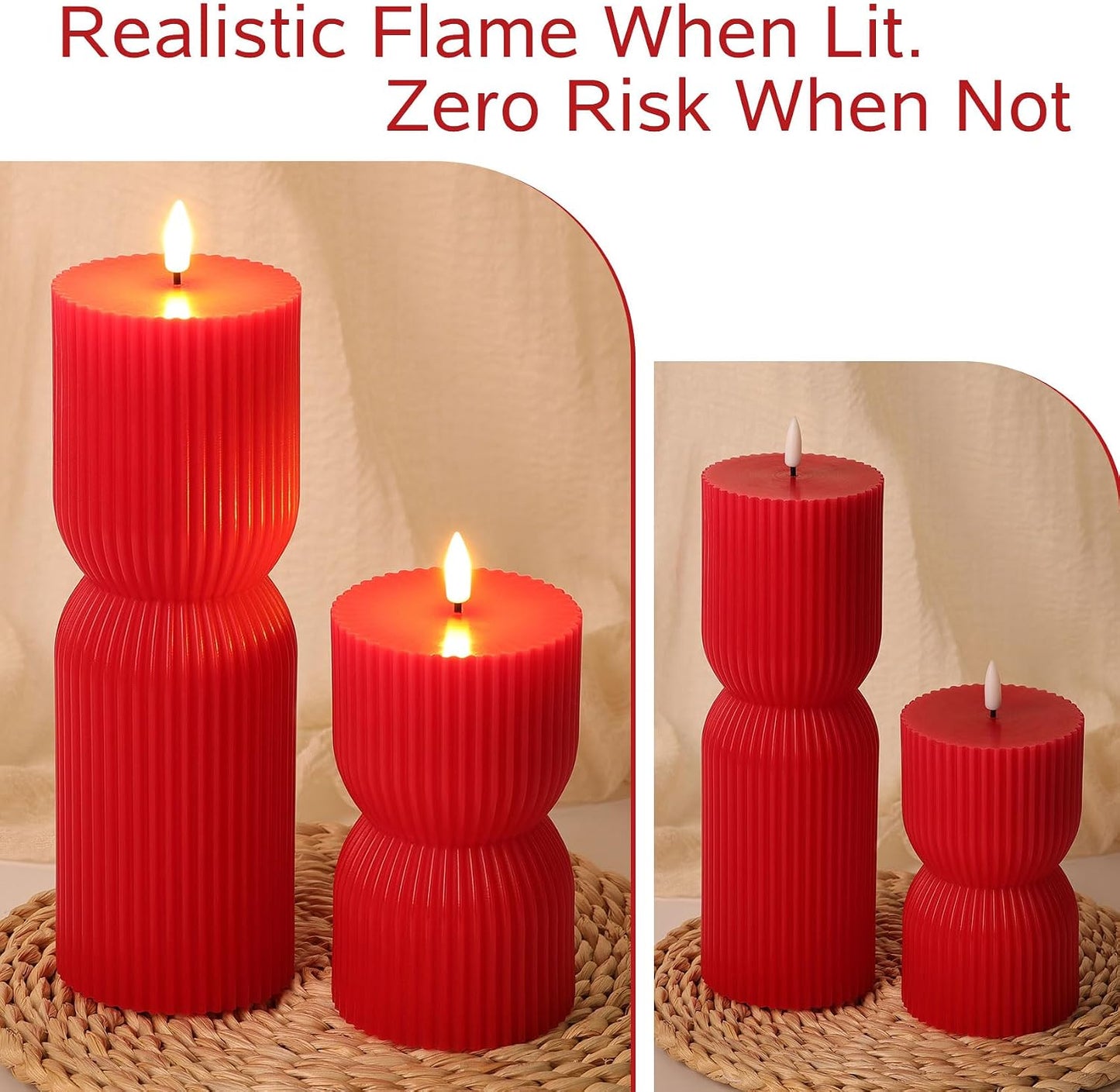 White Ribbed Flameless Pillar Candles with Remote, Real Wax Flickering Battery LED Candles Set of 2