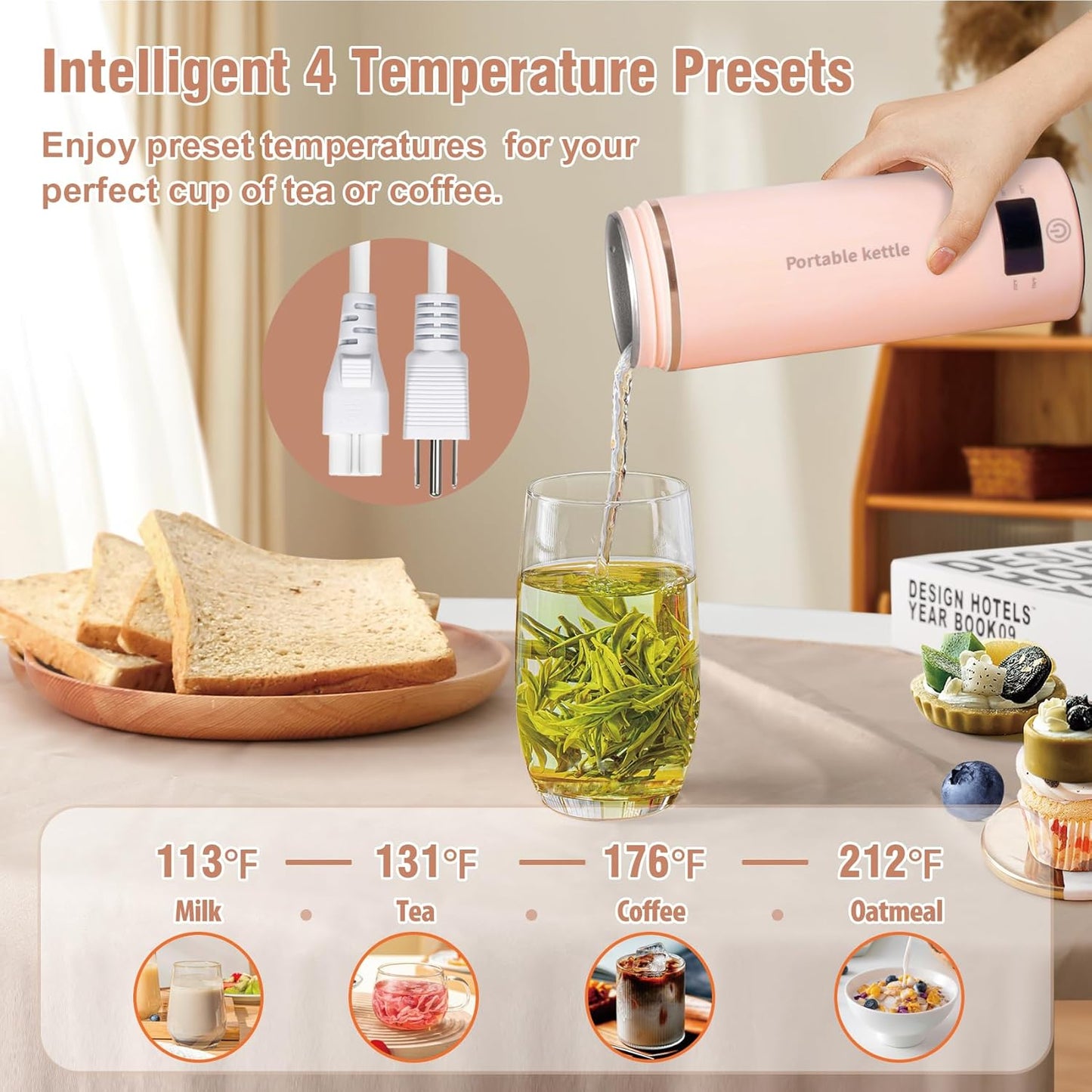 Travel Electric Kettle Portable Mini Kettle,Small Hot Water Boiler with 4 Temperature Settings,304 Stainless Steel,Fast Boiling Water with Auto Shut-Off and Boil Dry Protection,400ml (Beige, 400ML)