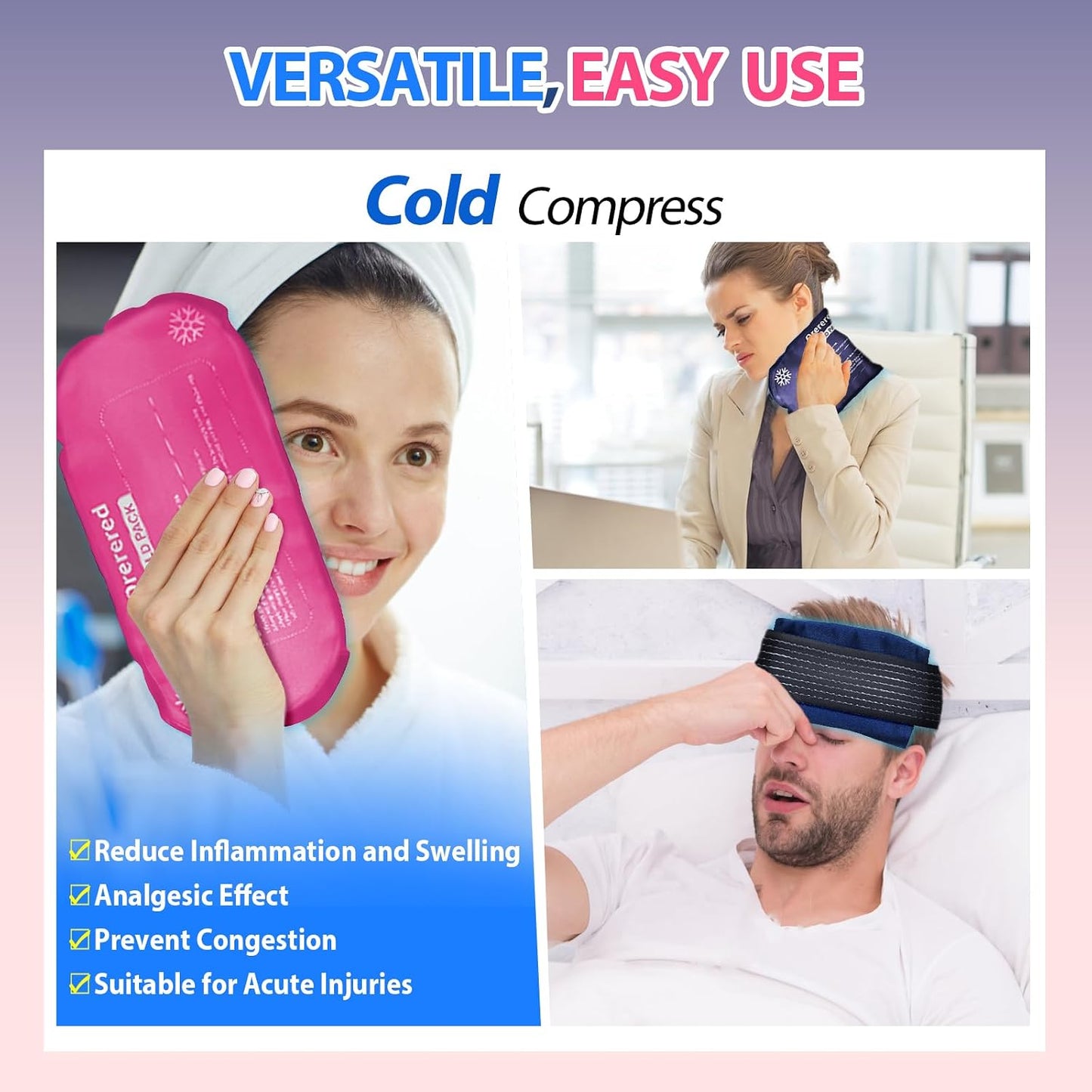 Reusable Cold Ice Packs for Injuries, 3-Piece Set Cold Gel Ice Wrap for Injury Recovery, Alleviate Joint and Muscle Pain (Knee Ice Wrap-Purple)