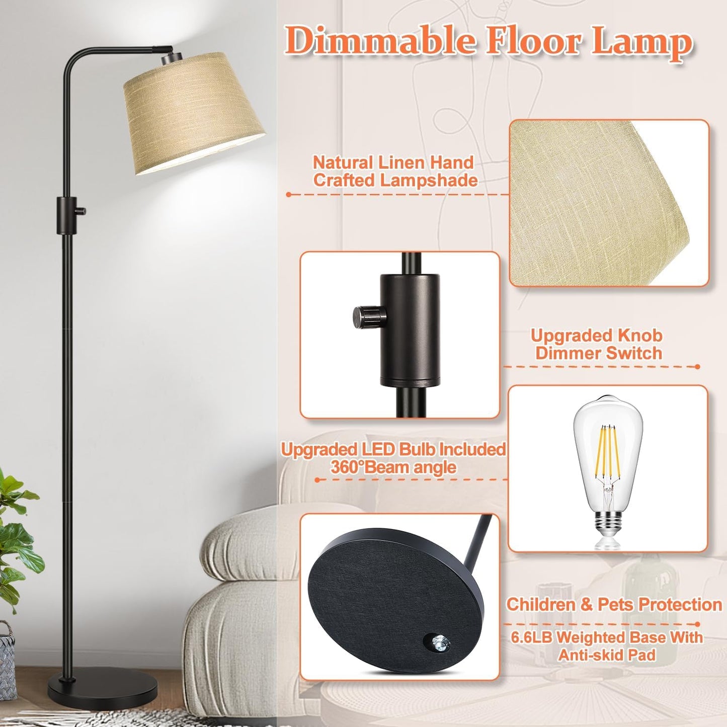 【Upgraded】 Dimmable Floor Lamp, 1000 Lumens LED Edison Bulb Included, Arc Floor Lamps for Living Room Modern Standing Lamp with Linen Shade, Tall Lamp for Bedroom Office Dining Room- Black