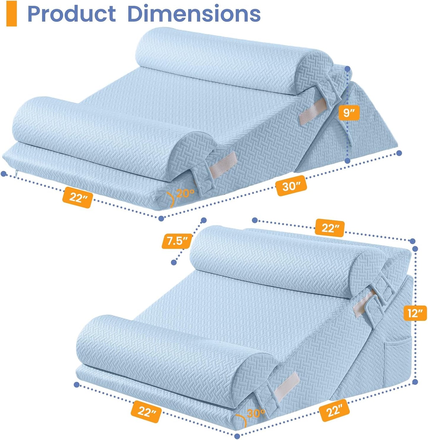 Sasttie Wedge Pillow Set for After Surgery, 2PCS Adjustable Bed Wedge Pillow Headboard with Memory Foam Neck Cushion – for Acid Reflux, Sleeping, Neck & Back Support, Dark Grey & White