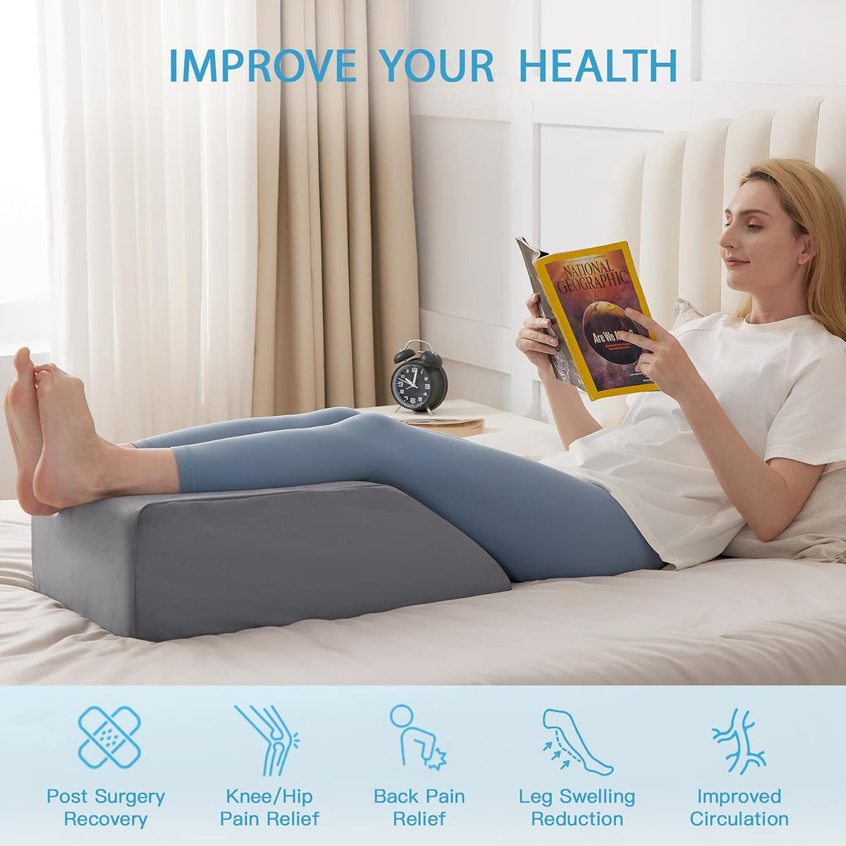 MEGCXIT Leg Pillow Elevation Blood Circulation, Leg Wedge for Elevation for Swelling, Leg Elevating Pillow for After Surgery, Memory Foam Foot Knee Pillow for Back Sleeping 23.6×16.8×8 Inch White/Grey