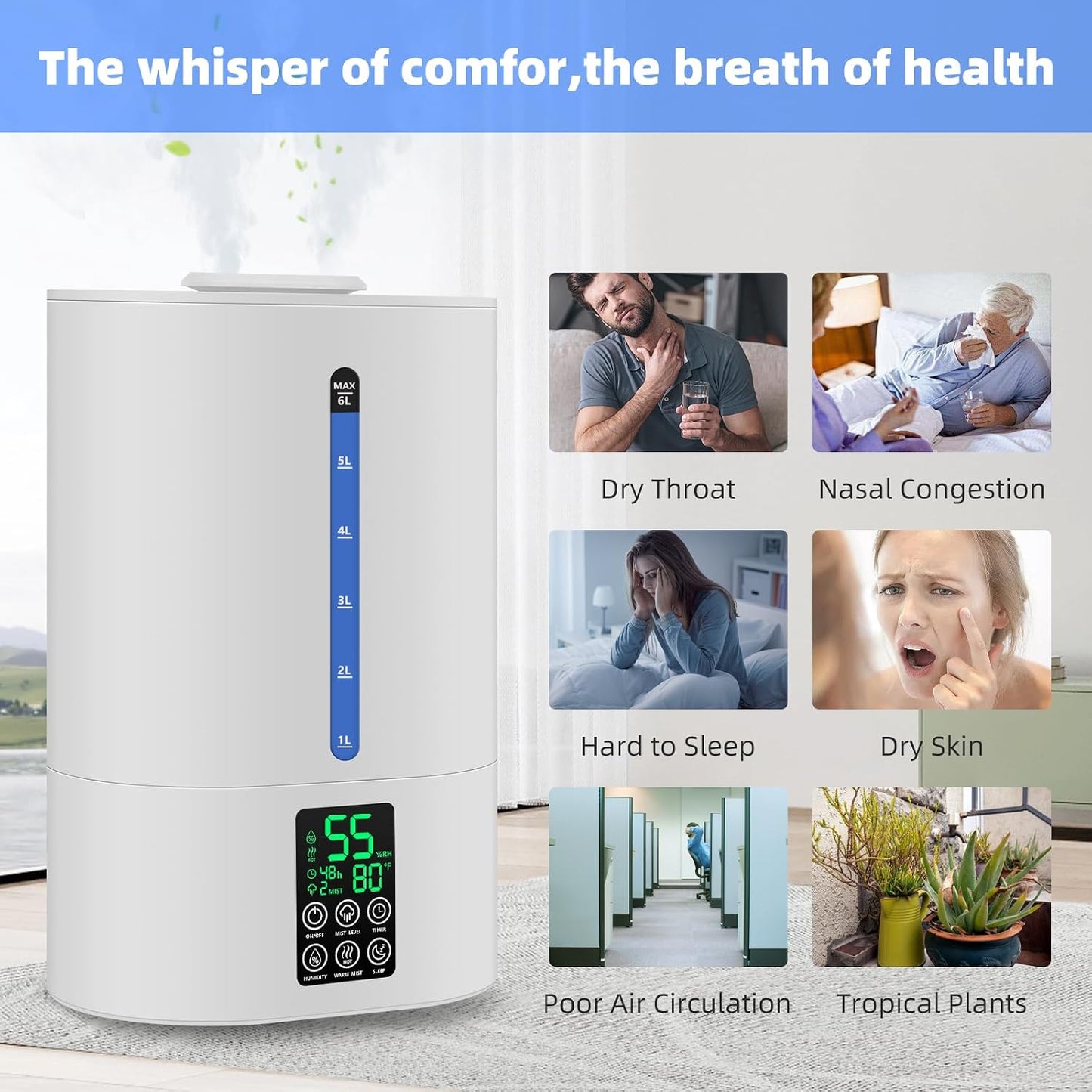 Coolfiqu 6L Humidifiers for Bedroom Large Room Home,Cool and Warm Humidifier for Baby and Plants Hot Mist Top Fill Desk Humidifiers Oil Diffuser,Quiet,Adjustable Mist,360°Nozzle-Black(2026 Upgraded)