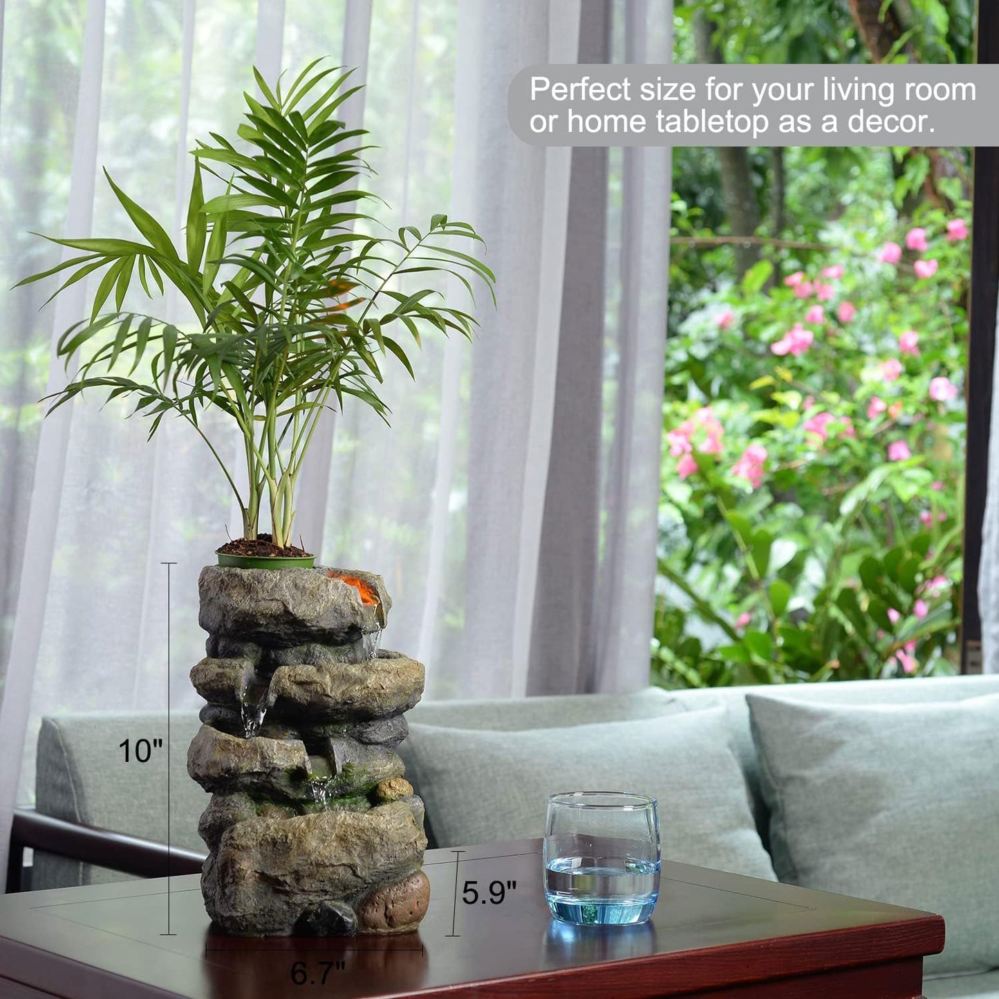 Kalona Tabletop Waterfall Fountain Rockery Fountains Soothing Sound Tabletop Fountains Home/Office Decor with a Small Plastic Pot to Grow The Plant by Yourself(Automatic Watering)(22020)
