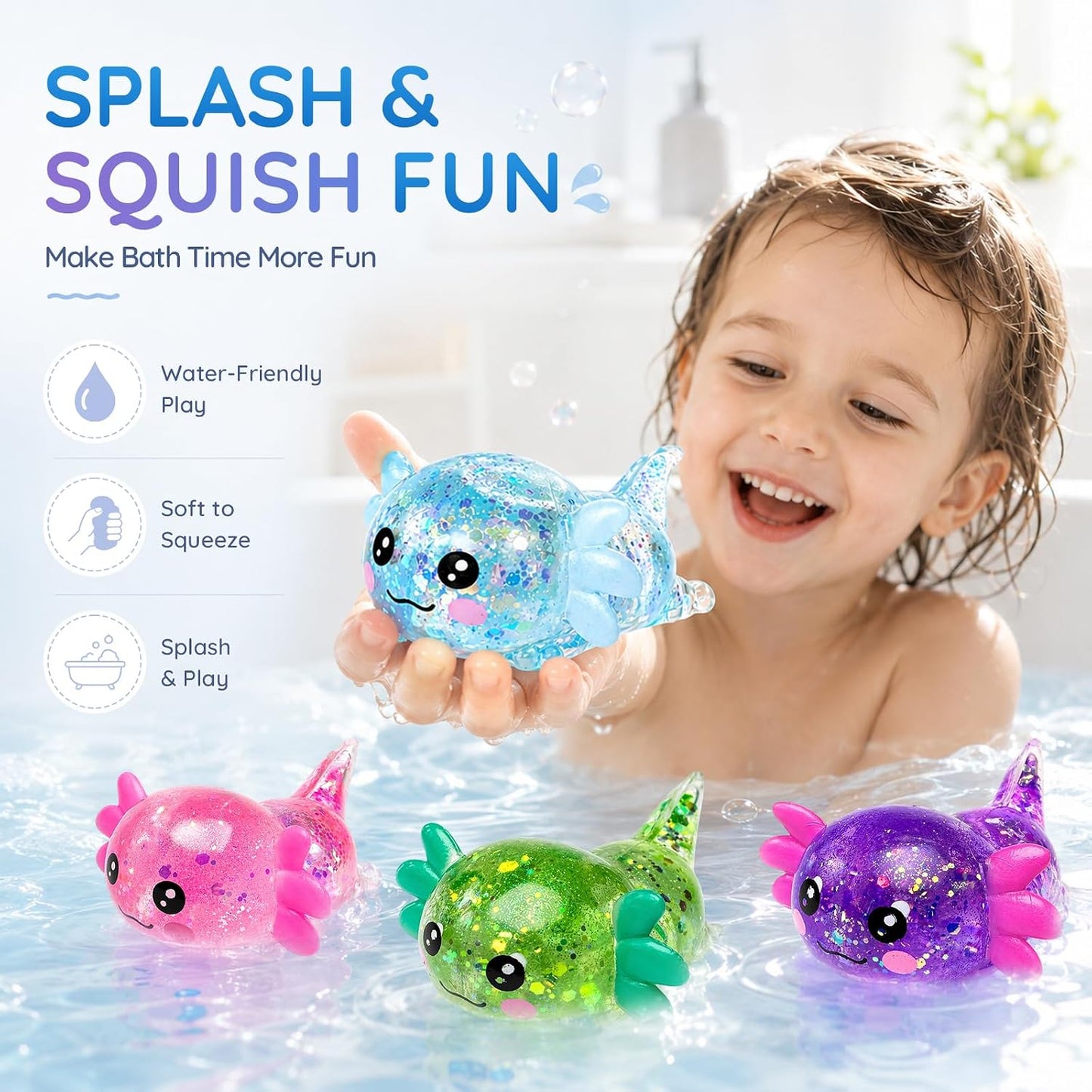 Axolotl Squishy Toy, Cute Glitter Stress Relief Fidget Toy, Soft Squeeze Sensory Toy for Kids Adults, Axolotl Squishy Stress Ball Anxiety Calming Desk Toy Party Favor Handheld Fidget (Yellow)