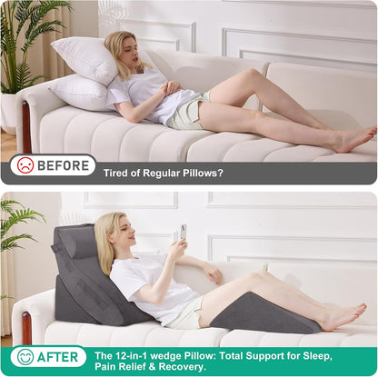 4PCS Wedge Pillow Set for After Surgery, White/Grey