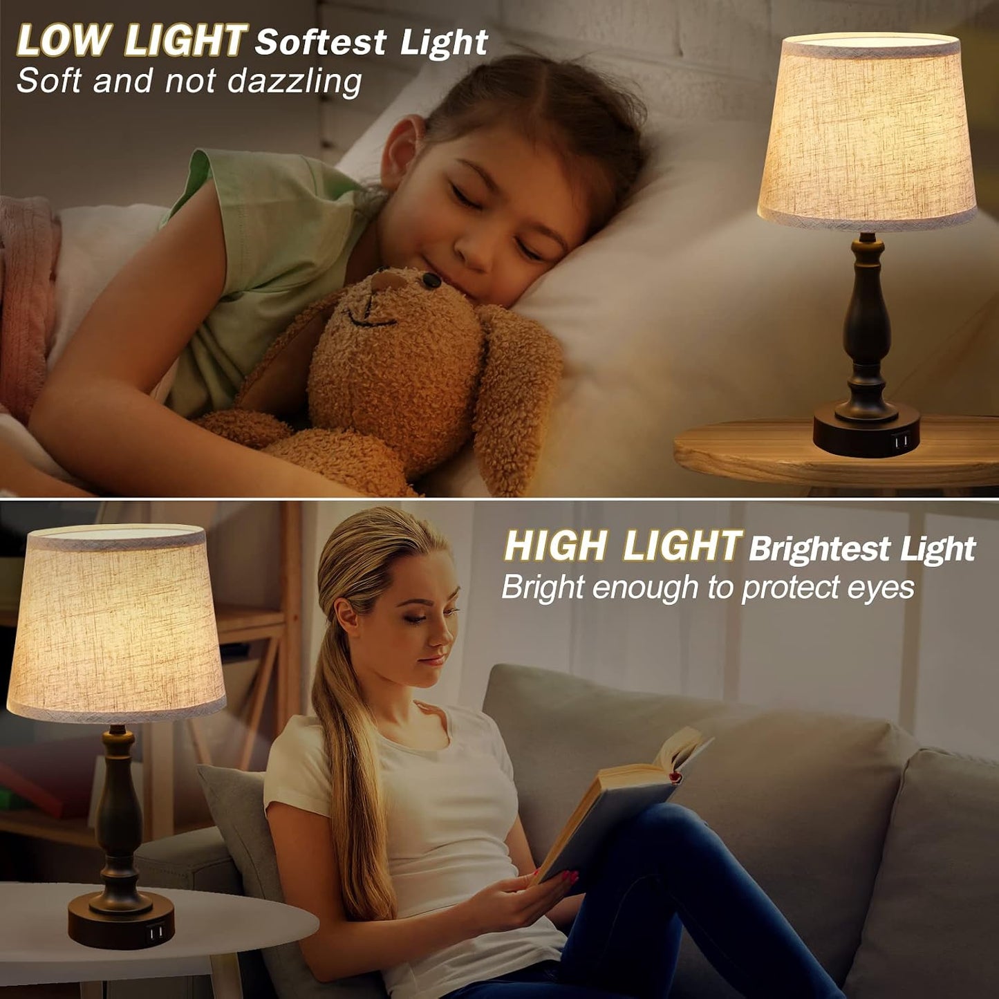 EJIAXIN Lamps for Bedrooms Set of 2, Brushed Nickel Bedside Lamps with USB C+A Ports,Dimmable Nightstand Lamps with Fabric Lampshade, Touch Table Lamp for Living Room Bedroom Office, Bulbs Included