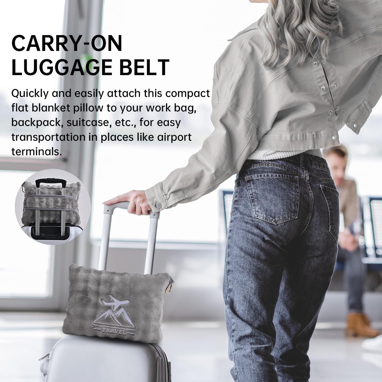 Travel Blanket and Pillow-2-in-1, Ultra-Soft&Compact, One-Piece Airplane Blanket with Hand Luggage Belt and Backpack Clip,Travelers Accessories Gifts, 61x43 Inches (Blue)