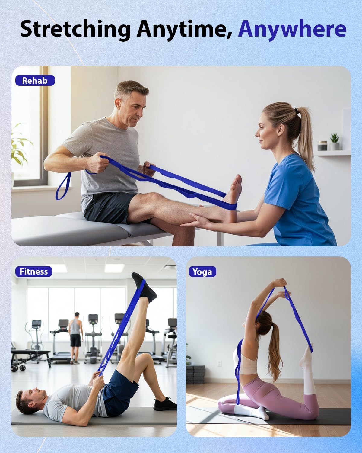 Trideer Stretching Strap with Loops & Leg Lifter, Non-Elastic PT-Style Physical Therapy Strap for Knee Replacement Rehab, Hamstring, Calf & Back Stretcher Mobility, Hip, Shoulder & Yoga