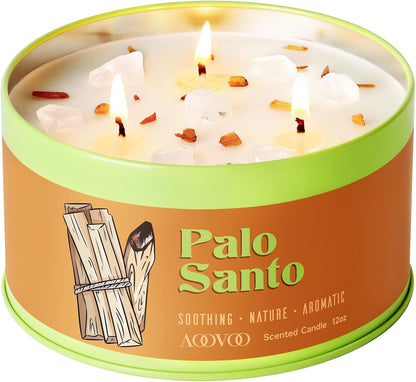 AOOVOO Sage Candle for Cleansing - 3 Wick 12oz Large Scented Candle with Crystals & Sage Leaves Inside, Soy Candles Non Toxic for Meditation Spiritual Gift, Aromatherapy Candle for Women Men