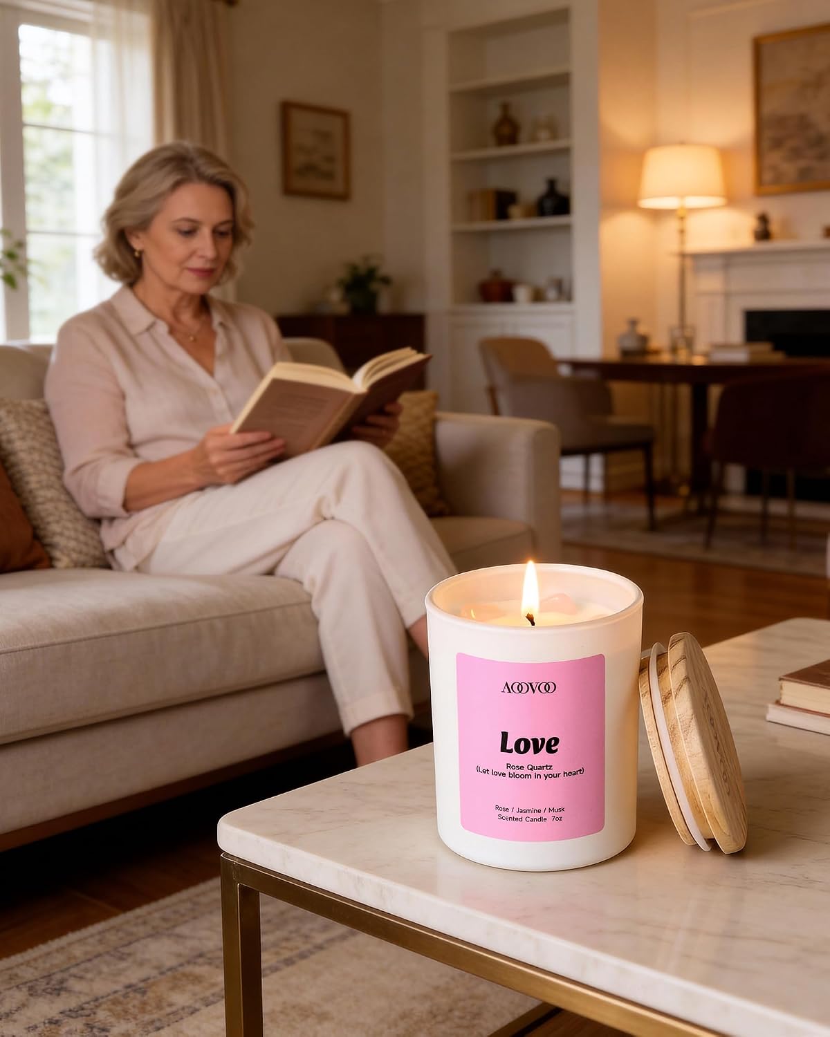 AOOVOO Calm Candles Set for Women - 4 Pack Candles for Home Scented, 28 oz 200 Hour Burn, Aromatherapy Candle with Crystals, Lavender Calm/Jasmine Serenity/Water Lily Pear Harmony/Patchouli Balance