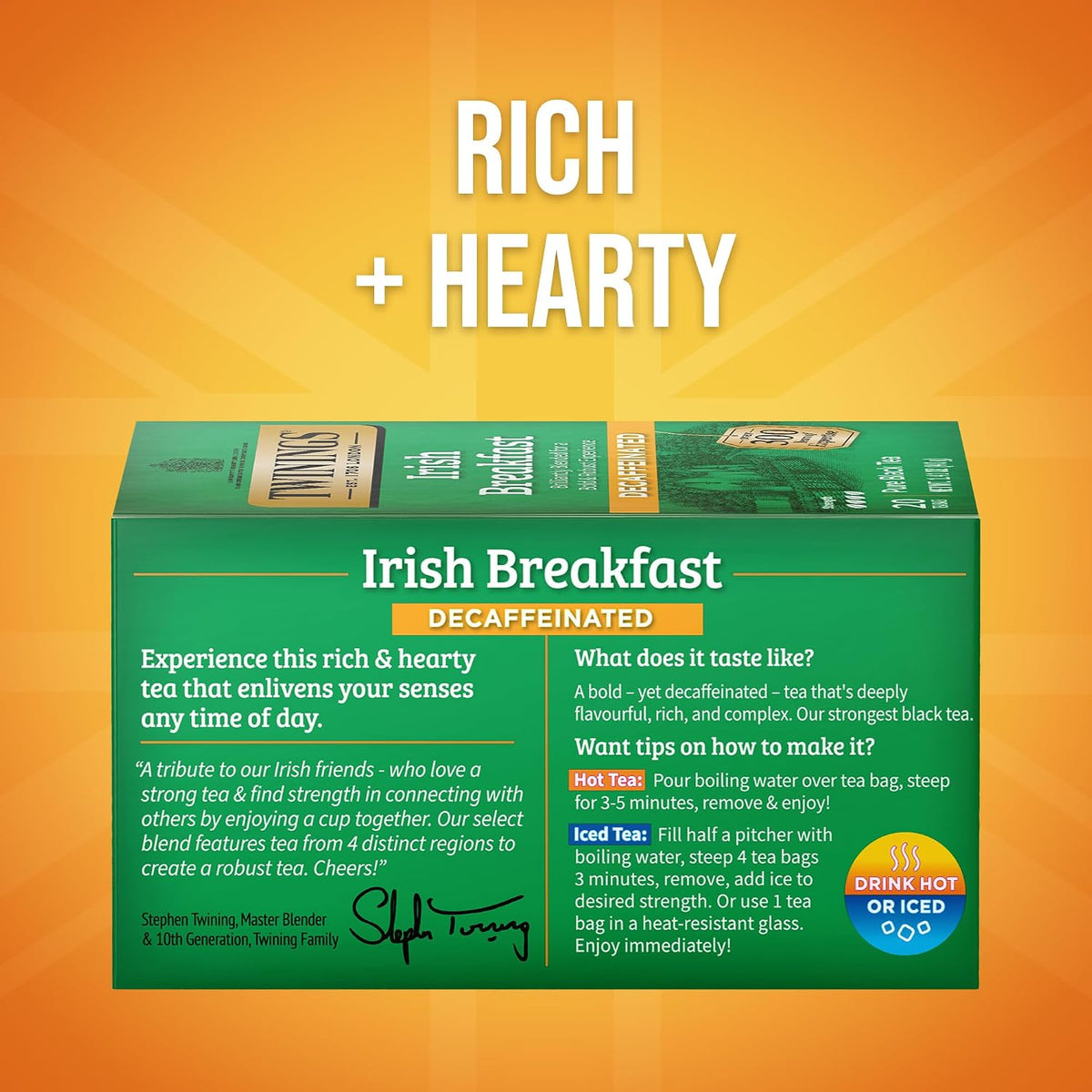 Twinings Decaffeinated Irish Breakfast Black Tea Individually Wrapped Bags, 20 Count (Pack of 6), Flavourful, Robust, Enjoy Hot or Iced, 120 Teabags