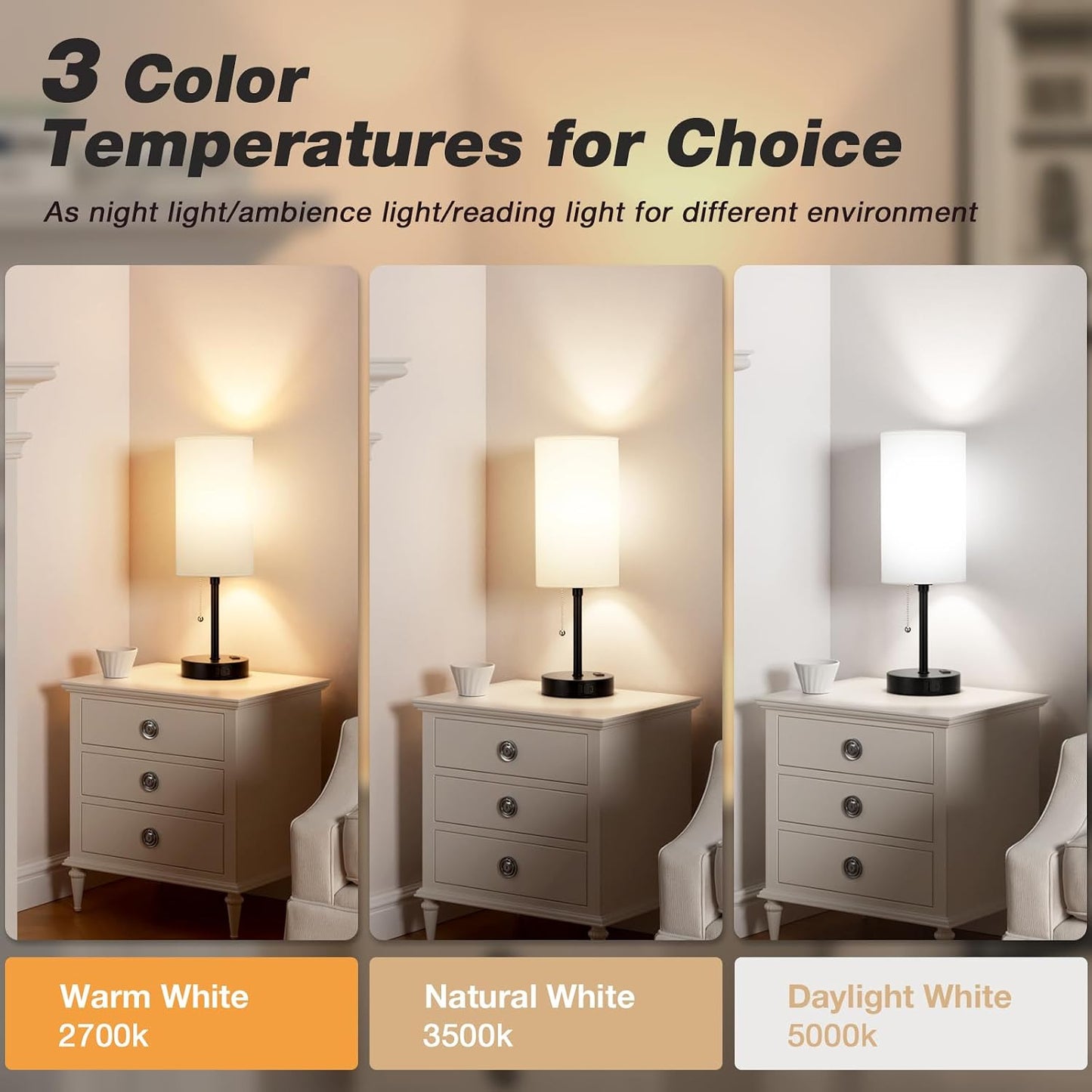 Small Bedside Table lamp for Bedroom - 3 Color Temperatures Bedside Lamps with USB C and A Ports, Pull Chain Table Lamps with AC Outlet, White Nightstand Lamps with Black Metal Base for Kids Reading