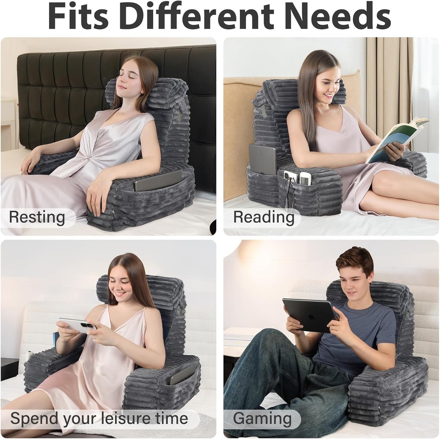ENITYA 22" XL Back Pillow for Bed Sitting Up, Reading Pillow with Armrests & Big Pockets, Soft Back Support Chair, Ideal for Watching TV, Gaming, Nursing, Resting, Post Surgery, Dark Grey