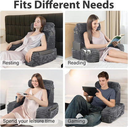 ENITYA 22" XL Back Pillow for Bed Sitting Up, Reading Pillow with Armrests & Big Pockets, Soft Back Support Chair, Ideal for Watching TV, Gaming, Nursing, Resting, Post Surgery, Dark Grey