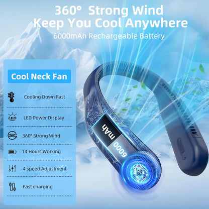 Portable Neck Fan, Personal Wearable Bladeless Fan, 6000mAh USB Rechargeable, 360° Airflow, LED Display, 4-Speeds, Hands Free Fan for Outdoor Indoor, Birthday Gifts for Men Women Dad Mom (Black)