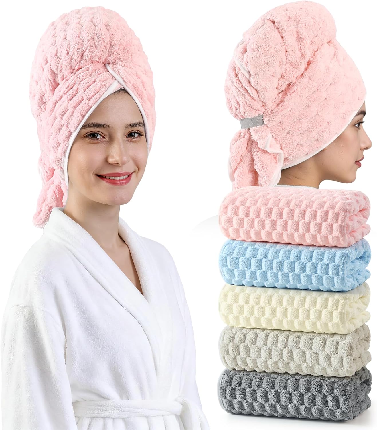 REDKISS 3 Pack Microfiber Hair Towels - Extra Large Hair Towel Wrap for Women, 24x42 inch Hair Towels with Elastic Strap, Super Soft Hair Drying Towels for Long, Thick, Curly Anti Frizz Turbans