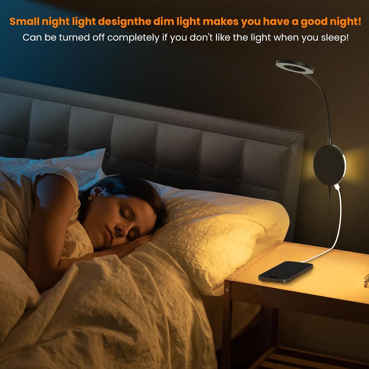 Wall Mounted Reading Light, Bedside Headboard Lights with 5 Color Temperature & 5 Dimming, 360 Flexible Gooseneck, USB Output, Night Light & Timer Function - Perfect for Reading (Black)