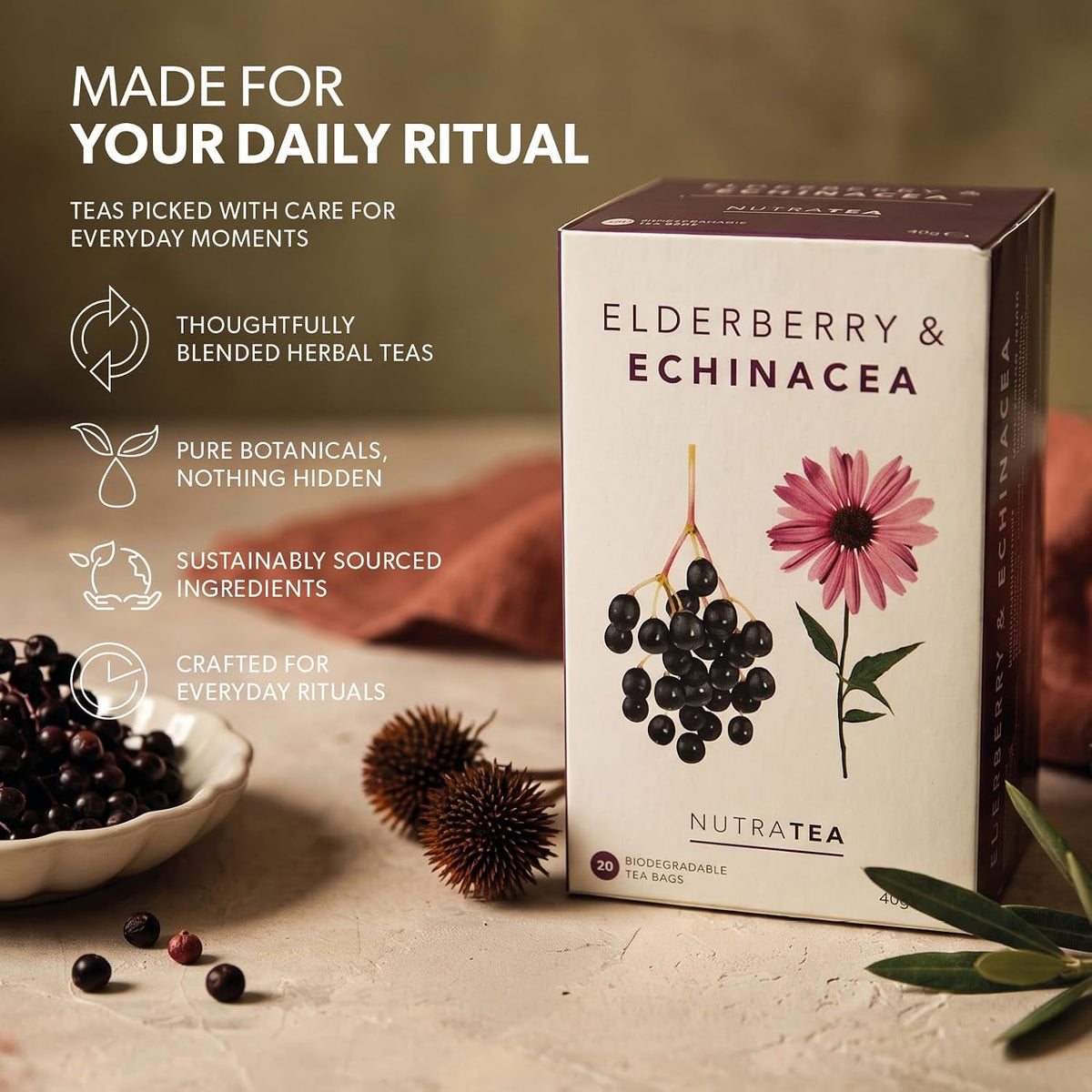 Nutra Tea - Elderberry & Echinacea Tea | Elderberry Tea - Immunity Teas | Immune Teabags - 20 Individually Wrapped Bags - Herbal Teas - (1 Pack)