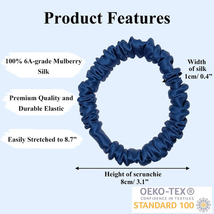 VLOMOT 3 Pcs Set 100% Pure Mulberry Silk Hair Scrunchies Hair Ties with 3 Chic Colors Everyday Skinny Scrunchies Silk Ponytail Holders Hair Care No Damage (Blue)