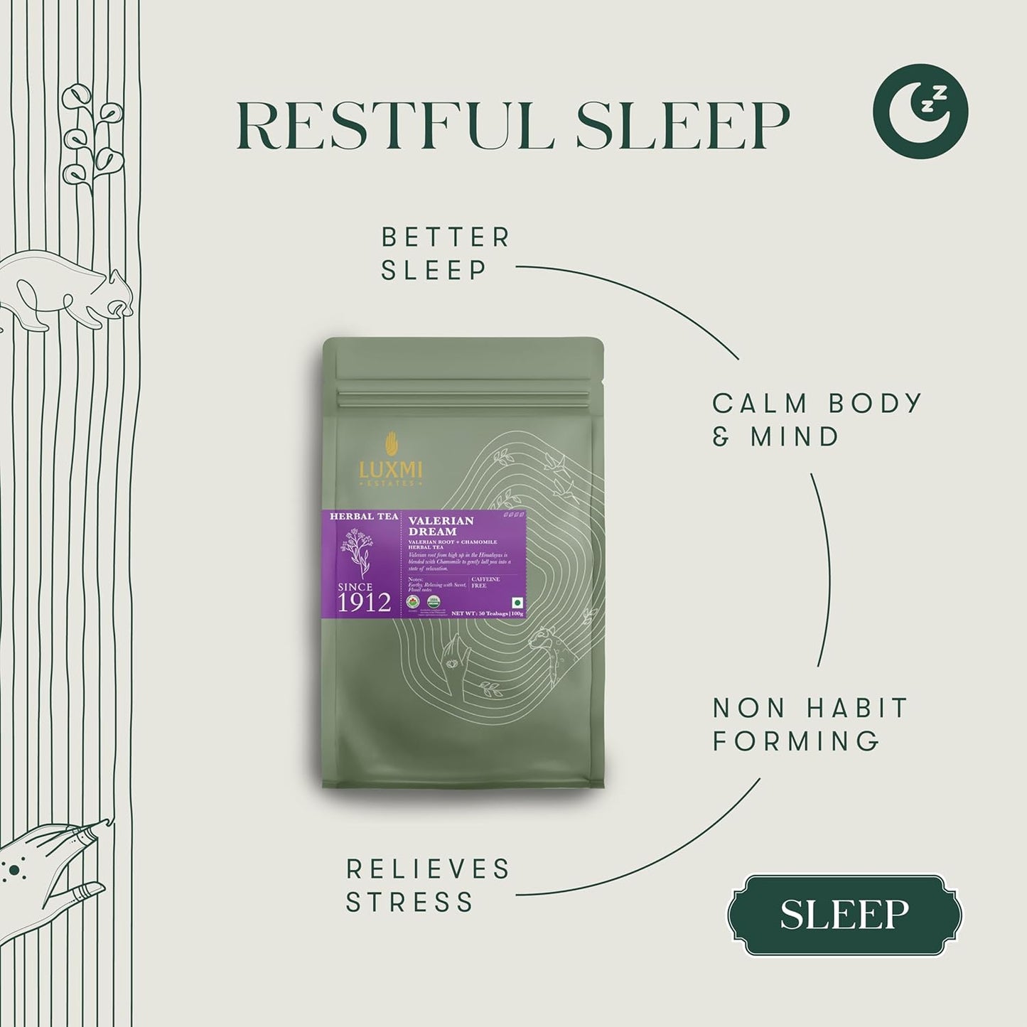 Luxmi Estates Organic Valerian Root, Chamomile, & Lavender Loose Leaf Tea 50g/1.76oz (25 cups) for Sleep | Caffeine Free Wellness Sleep Tea