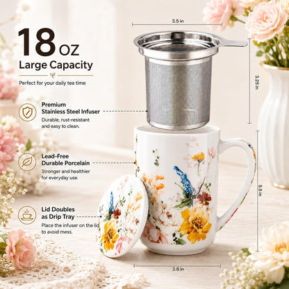 GBhome Tea Mug with Infuser and Lid, 18 Ounce Large Ceramic Loose Leaf Cup, Microwave, Dishwasher Safe, Perfect for Tea Lovers