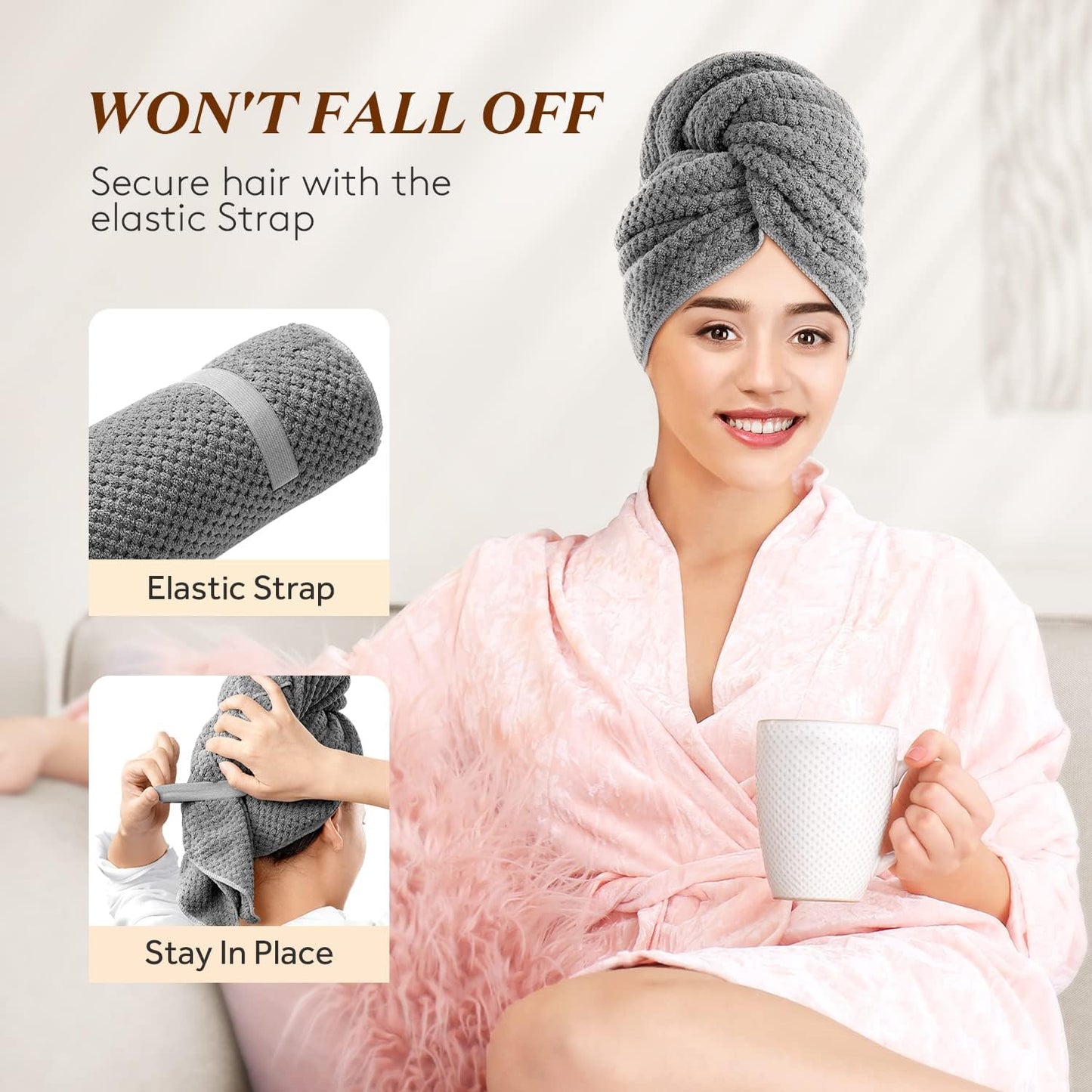 YFONG Large Hair Towel Wrap for Women, Super Absorbent Microfiber Hair Towel for Curly Hair, Fast Drying Hair Turbans with Elastic,Hair Drying Towel Wrap for Hair Care 26.3" X 40" (Blue)
