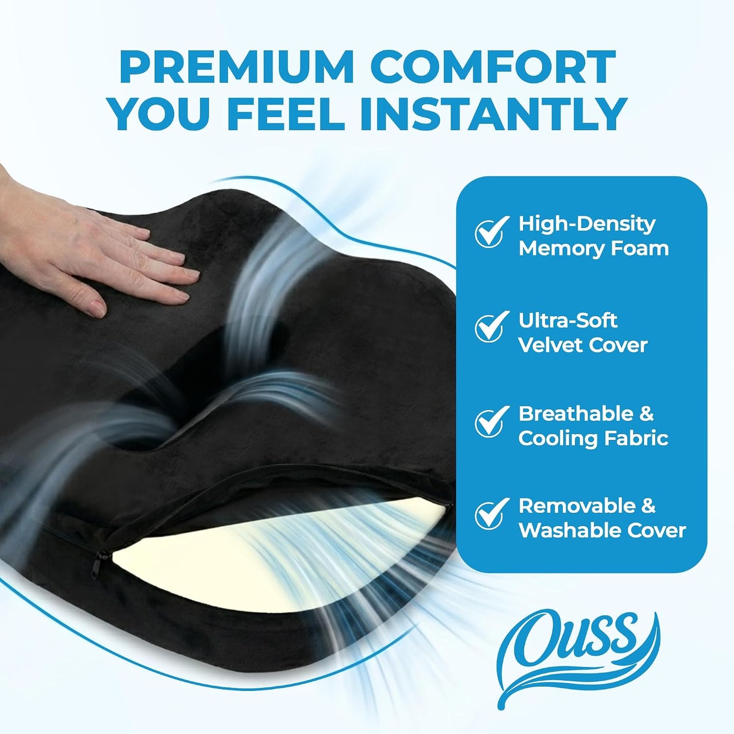 Seat Cushion, for Office Chairs, Coccyx & Tailbone Pain Relief, Ergonomic Design, Memory Foam, Non-Slip Washable Cover, for Office, Car, Wheelchair, Gaming
