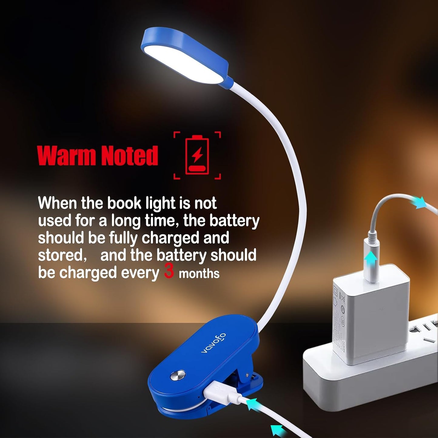 VAVOFO Rechargeable Book Light, 14 LEDs Eye Care Clip On Amber Reading Light for Bookworms Reading in Bed with 9 Colors 9 Brightness (White-Blue)