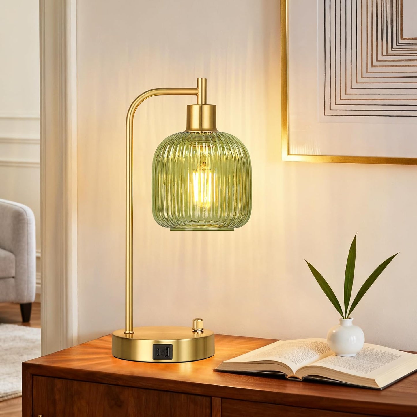 QiMH Industrial Table Lamp for Bedroom Set of 2, Green Glass Beside Lamp with USB A&C Ports, Stepless Dimmable Gold Lamps, Nightstand Lamps for Living Room, Office, Home Decor(Bulb Included)