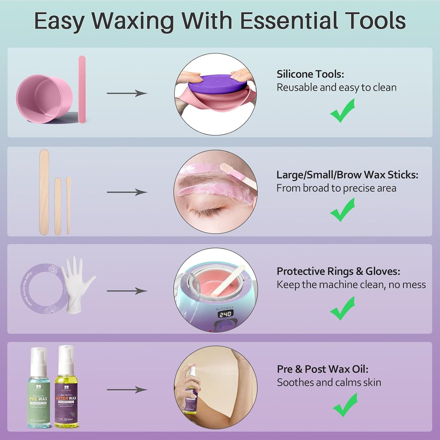BLITZWAX Brazilian and Bikini Waxing Kit for Women, Hard Wax Warmer for Face, Legs and Body, At Home Hair Removal Kit, Beginner Friendly, Digital Fast Heating, 51 Wax Items