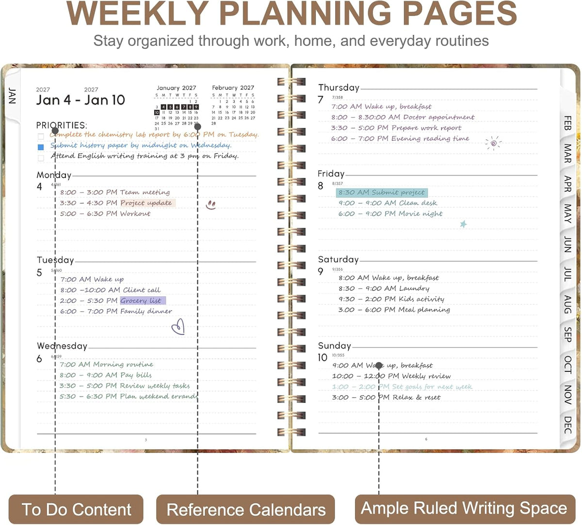 Planner 2026-2027, Weekly and Monthly Calendar Planner, JUL 2026 - JUN 2027 - Colors B
