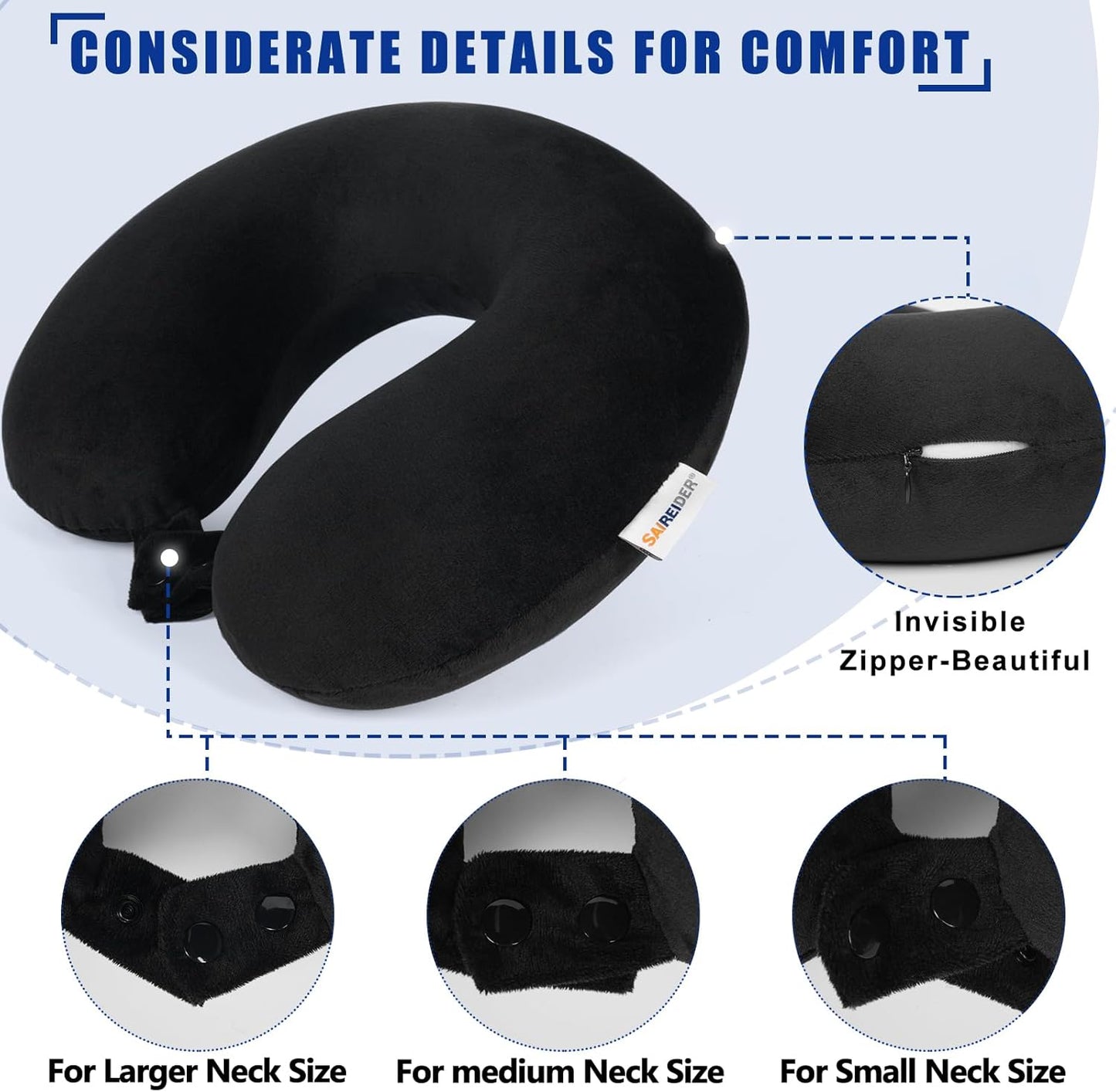 SAIREIDER Neck Pillows for Travel-Head Neck Support Travel Pillow for Traveling, Car, Home, Office Adjustable(Navy Blue)