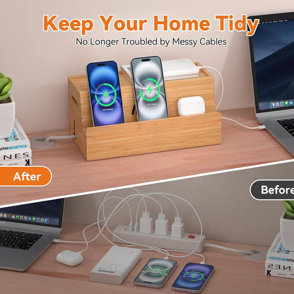 Bamboo Cable Management Box, White, 31X14X15.5CM