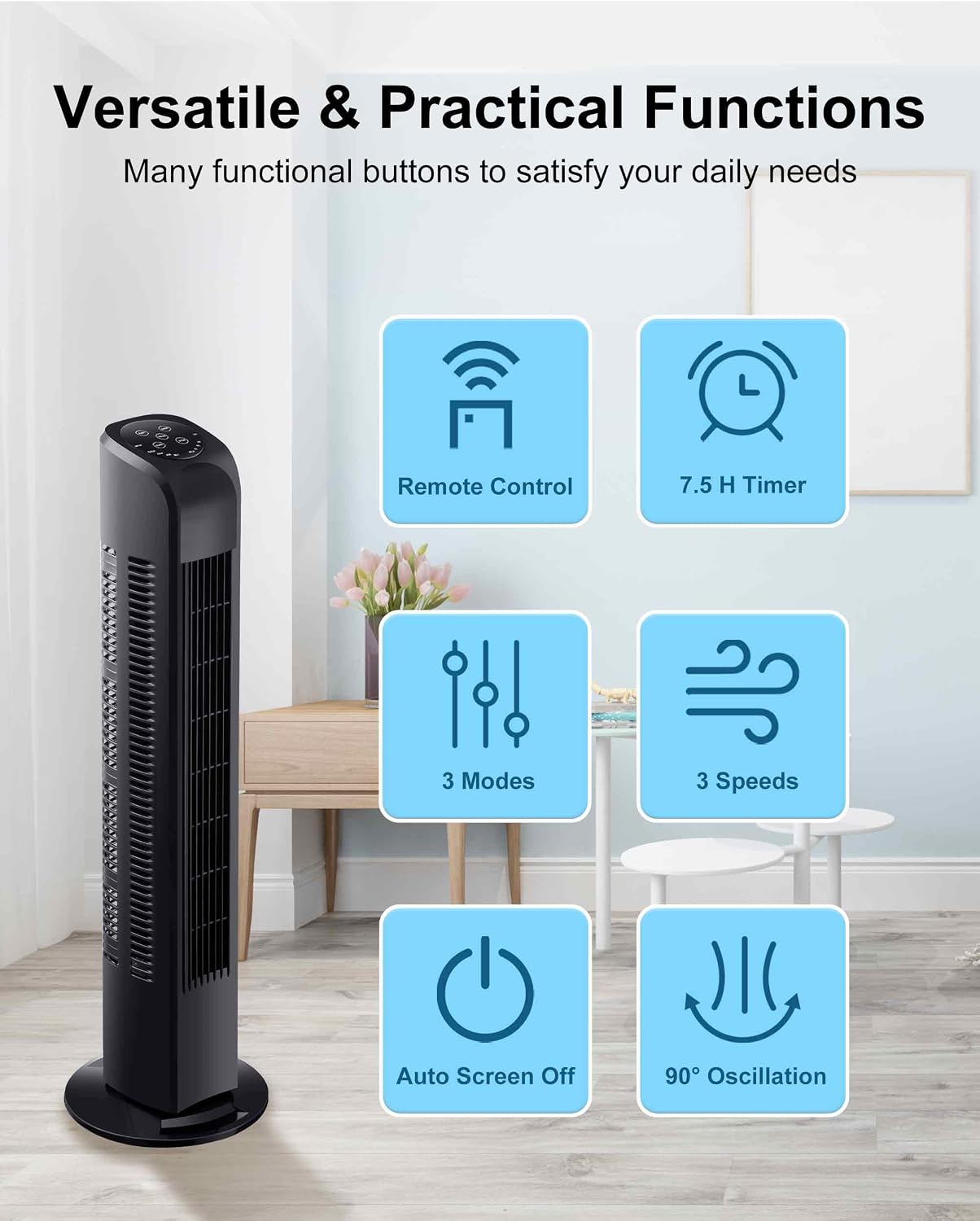 Uthfy Oscillating Tower Fan for Bedroom, Portable Standing Fan with Remote, 3 Modes 3 Speeds, 7.5H Timer, 120° Quiet Cooling for Living room, Office, Black