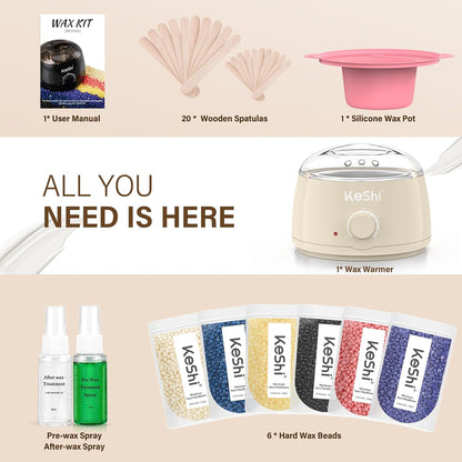KeShi Waxing Kit, Painless Hair Removal Wax Warmer with 6 Bags Hard Wax Beans for Full Body, Legs, Face, Eyebrows & Bikini— Ideal for Both Women & Men
