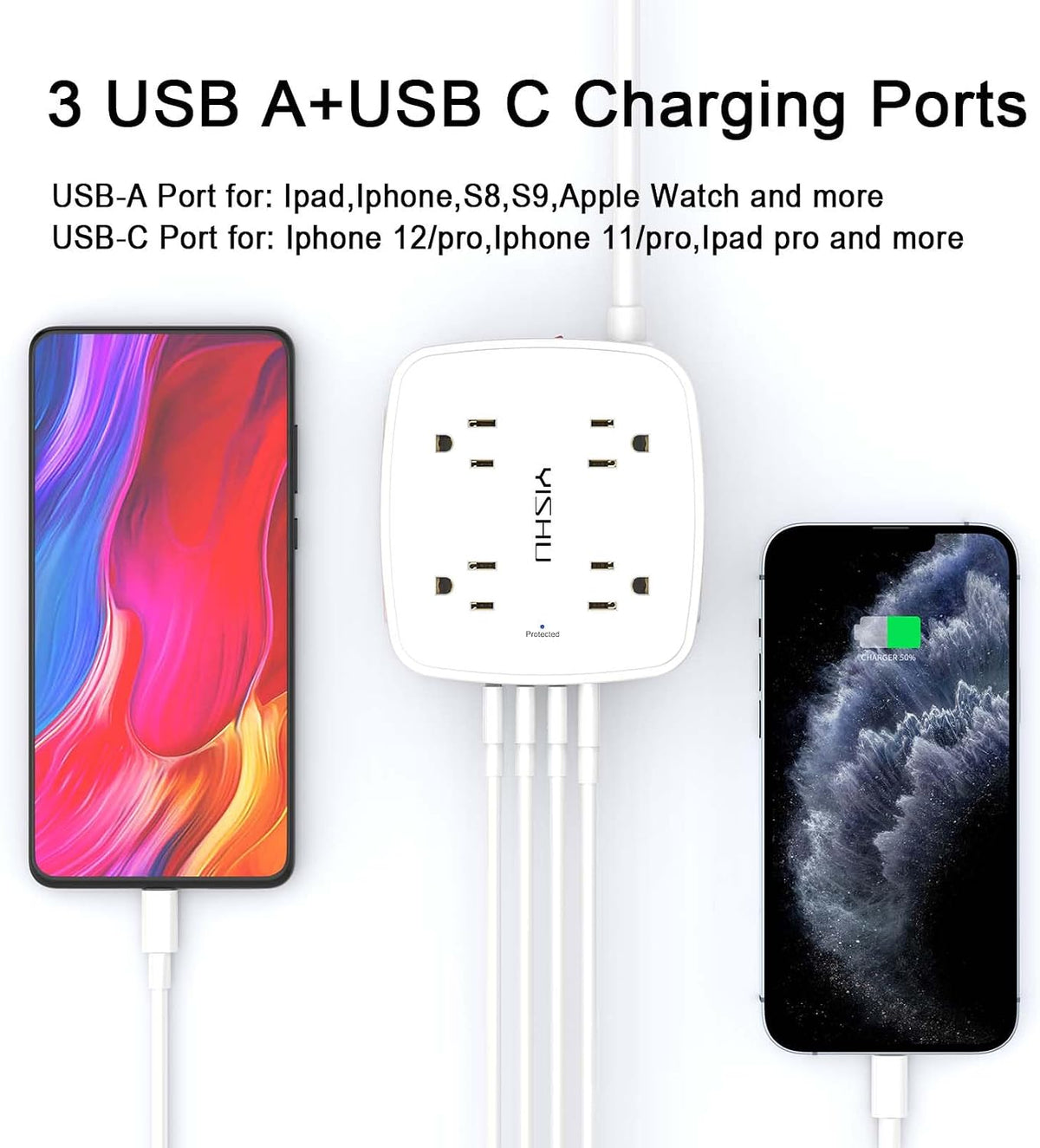 YISHU 6Ft Surge Protector Power Strip with 8 Widely Outlets & 4 USB Ports