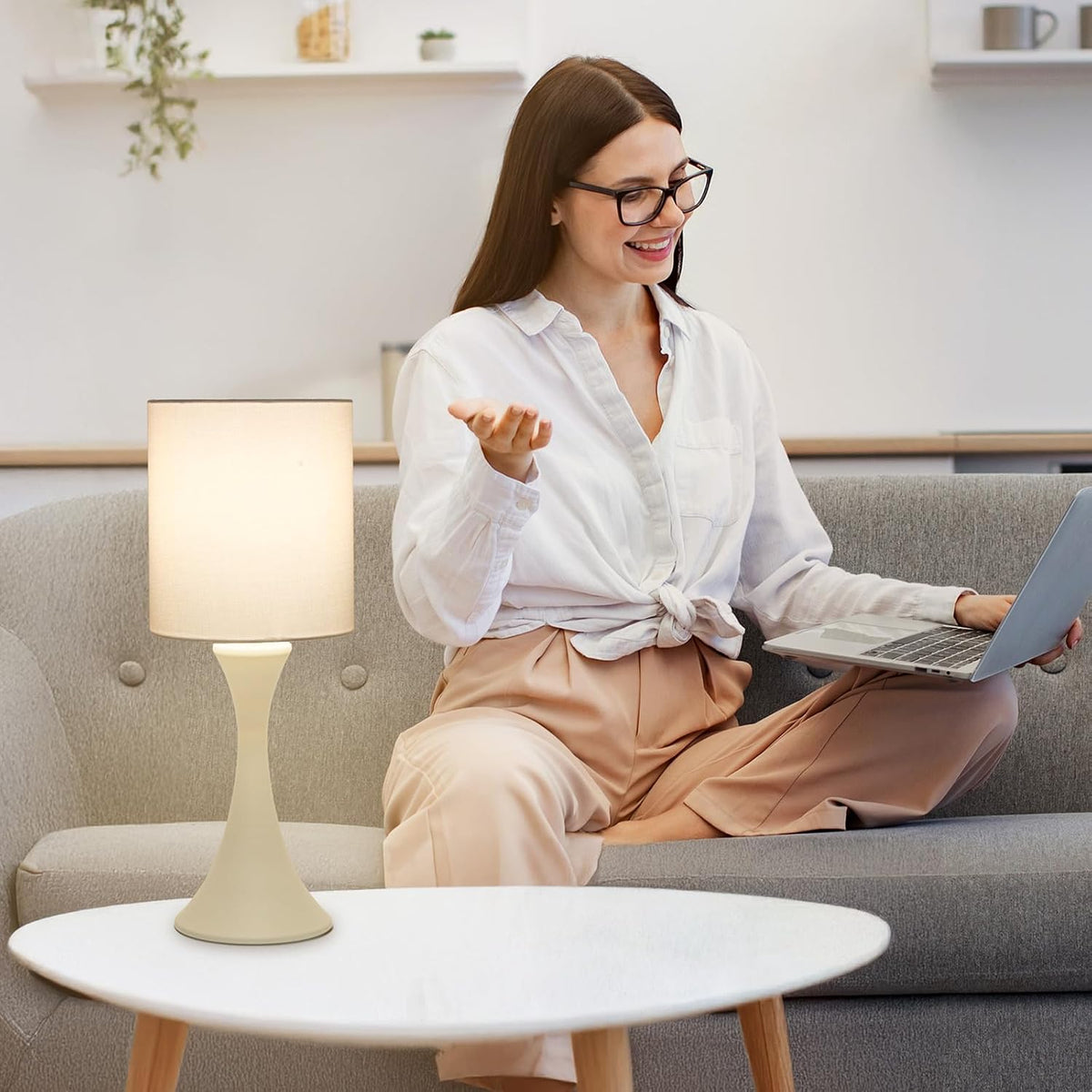 3 Way Touch Control Table Lamp, Dimmable Bedside Desk Lamp with Metal Base Modern Nightstand Lamp Stylish Grey Shade Simple Side Table Lamp for Bedroom, Living Room, Office or Den LED Bulb Included