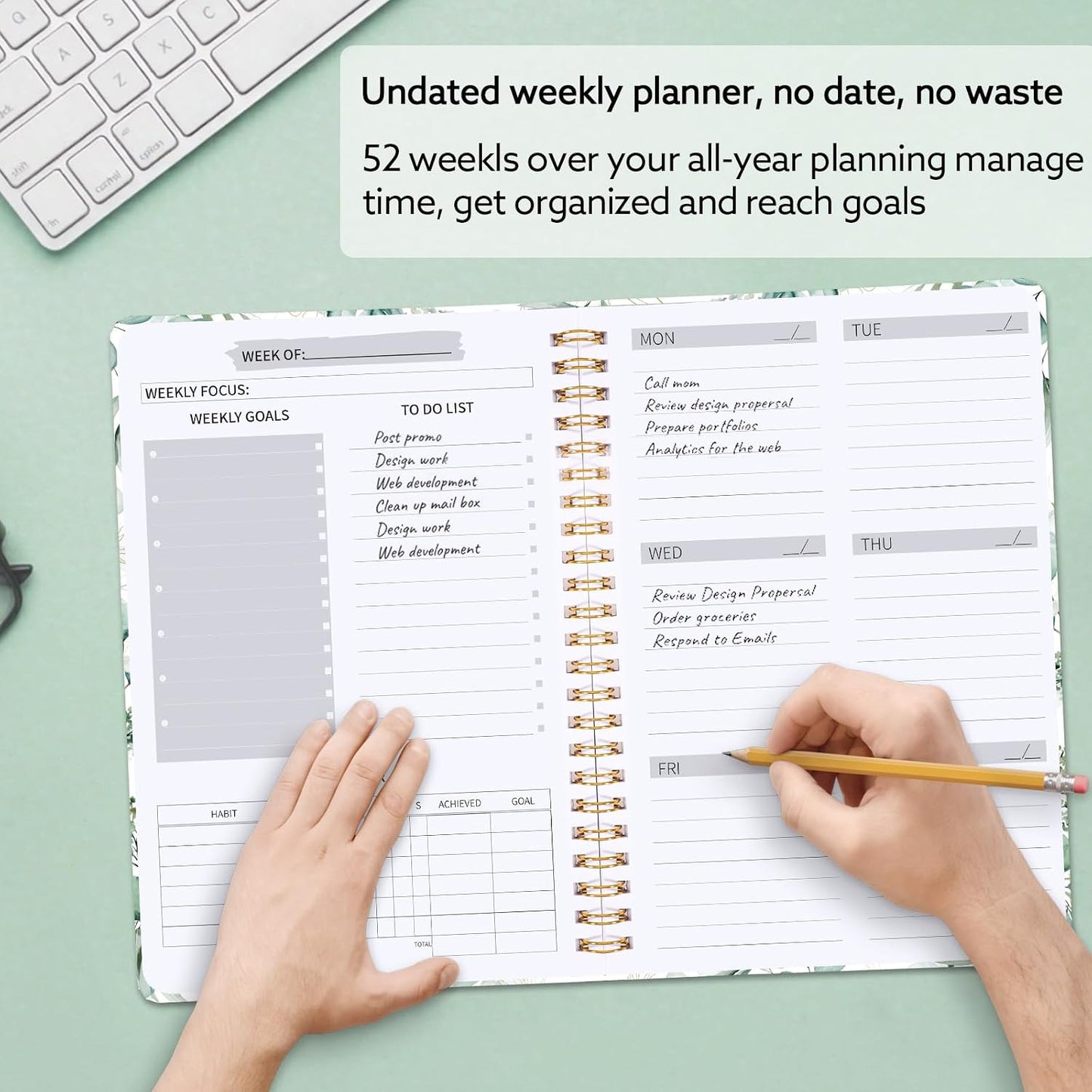 Undated Weekly Planner with Habit Tracker, 52 Weeks To Do List Notebook A5 Weekly Goal Planner with Spiral Binding & Stickers Home Work School Supplies for Women Girls 8.2" x 5.7" - Pink