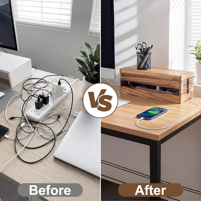 Changsuo Cable Management Box Wooden Cord Organizer Box for Extension Cord Power Stripe Surge Protector Wire Management Concealer Cover Hider for Desktop Home Office Kitchen (Brown)