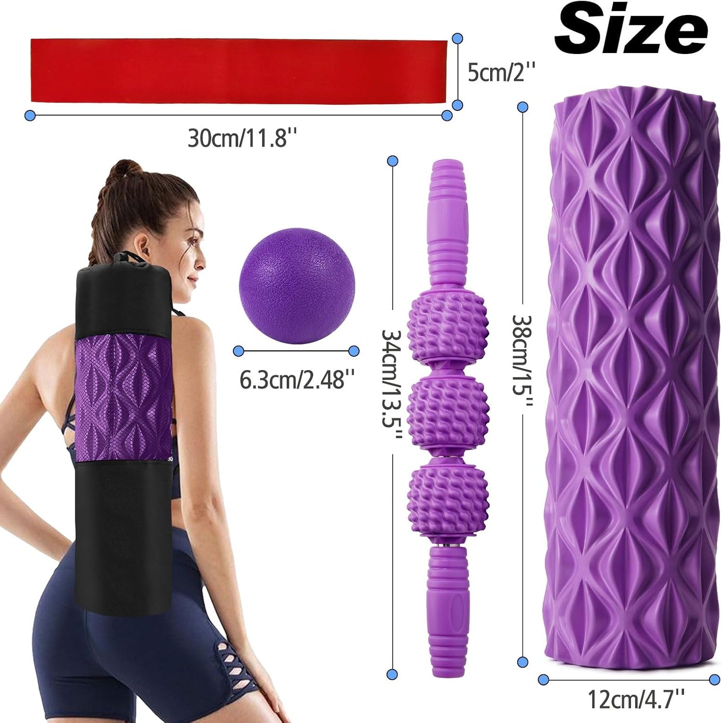 JOYENERGY 5 in 1 Foam Roller Set, Trigger Point Foam Roller Patented, Massage Roller Stick, Massage Ball, Stretching Strap for Deep Tissue Massager for Muscle Pilates Yoga Whole Body