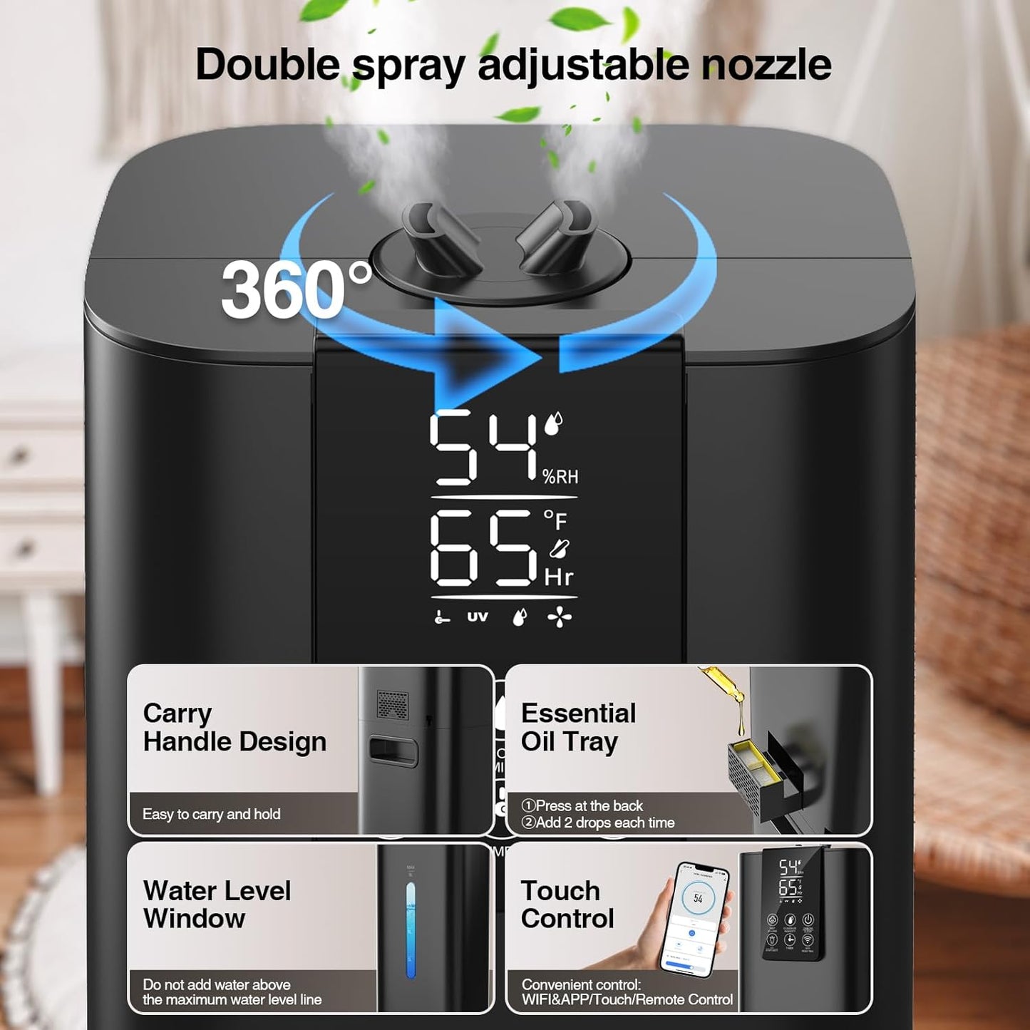 8L/2.1 Gal Smart Humidifier Large Room, Top Fill Cool Mist Humidifiers for Bedroom with App & Remote Control, Night Light, 24H Timer, Aroma Box & 360° Nozzles, Humidifier for Home, Office & Plants