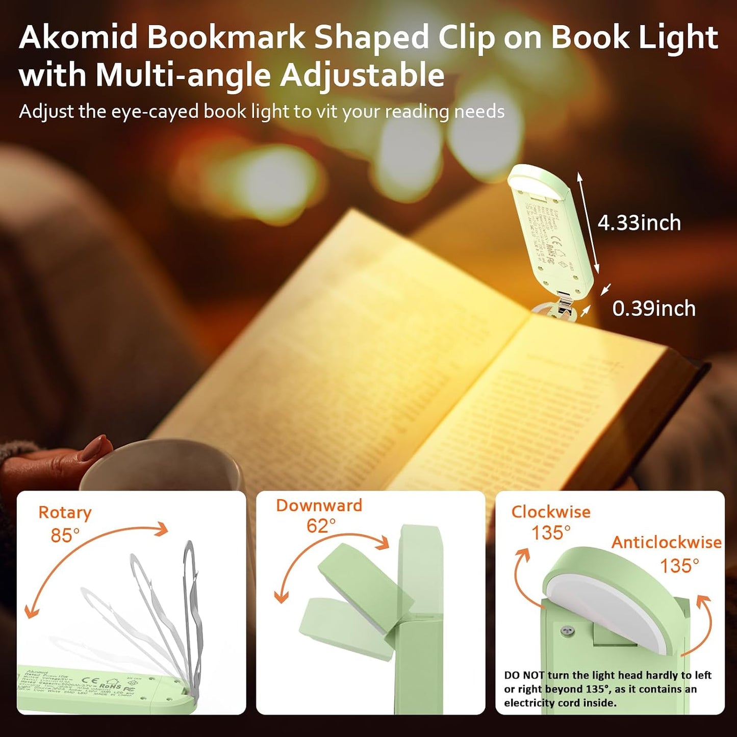 Akomid USB Rechargeable Book Light for Reading in Bed, 8 LEDs Bookmark Style Clip on, Eye-Cared Amber Light Mode for Kids, Blue Light Blocking, Stepless Dimming,Khaki