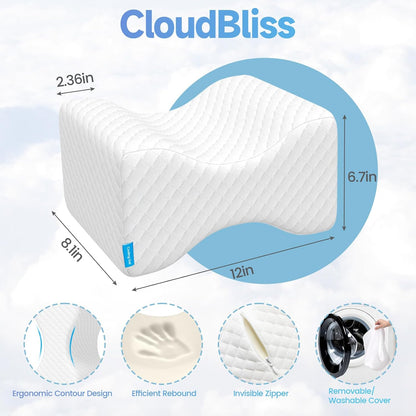 CloudBliss Knee Pillow for Side Sleepers-Cooling Leg Pillow for Side Sleeping, Memory Foam Knee Pillow for Hip Pain, Lower Back Pain, Sciatica Pain, Knee Wedge Pillow with Contour Design, White