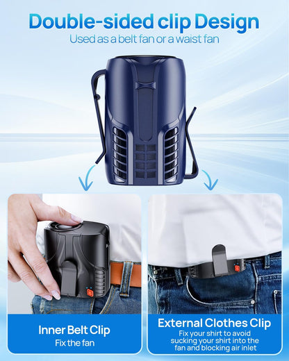 Portable Personal Waist Fan& Neck Fan, 14000RPM Brushless Motor, 40H Runtime Rechargeable, 6-Speed Quiet Operation, Clip-On Personal Body Cooling for Camping/Worksites/Outdoor