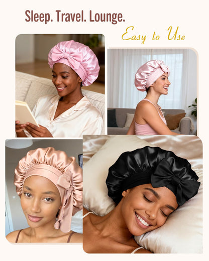 BONNET QUEEN Silk Bonnet for Sleeping for Women Satin Bonnet Night Cap for Curly Hair with Tie Band, Single Layer, Cream Pink