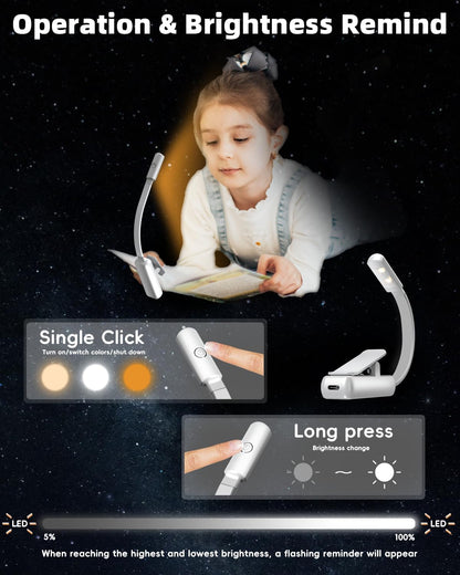 Book Light,Reading Lights for Books in Bed,AAA Battery Clip-On Led Reading Light with 3 Colors & Stepless Dimming,Portable and Ultra-Lightweight with Long Runtime(DarkBlack)